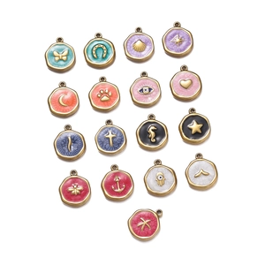 Macro shot of 17 colorful enamel charms in butterfly and star shapes with gold plating