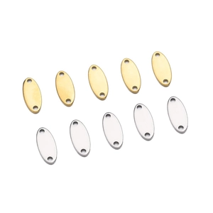 Polished stainless steel oval double-hole tags in gold and silver finishes for DIY jewelry