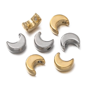 Polished gold and silver crescent moon beads with holes for DIY jewelry making