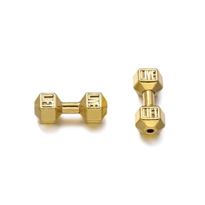 Detailed view of gold barbell dumbbell charms with Live and Lift engraved lettering