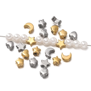 Golden and silver stainless steel beads in star, moon, and heart shapes for DIY jewelry
