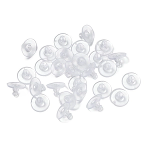 Close-up of clear silicone bullet clutch earring backs in a loose pile on white base