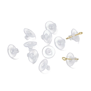 Detailed view of clear silicone earring back stoppers and gold metal earring hooks