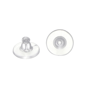 Macro detail of transparent silicone flying saucer earring backs for secure fastening