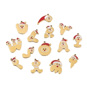 Detailed view of colorful 18k gold plated Christmas letter charms with enamel finish