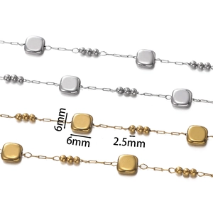 Detail of 6mm square charms and 2.5mm beads on stainless steel DIY jewelry chain