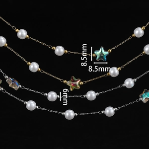 Detail of stainless steel chains with 6mm pearls and 8.5mm star charms in gold and silver