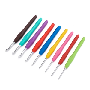 Set of 9 ergonomic silicone handle crochet hooks arranged on a white background