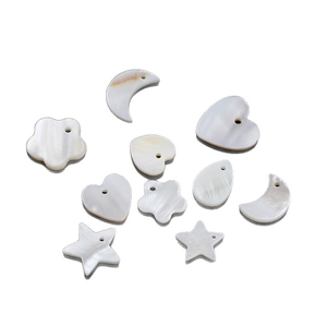 Natural white shell pendants set with star, heart, and moon shapes for DIY jewelry making