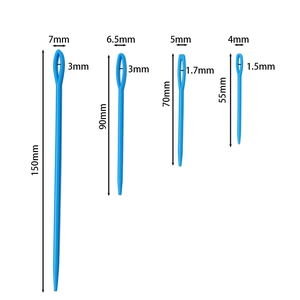 Set of 4 blue plastic large-eye sewing needles in sizes 15cm, 9cm, 7cm, and 5.5cm