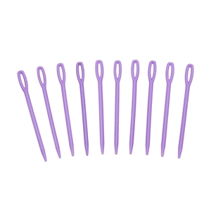 Detailed set of ten purple plastic sewing needles with large eyes for yarn and DIY crafts
