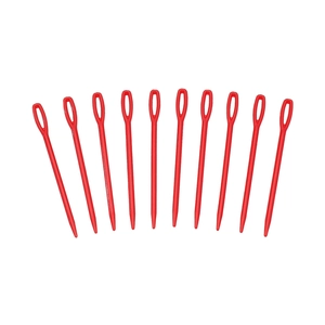 Close-up of 10 red plastic large-eye sewing needles for yarn weaving and kids DIY crafts