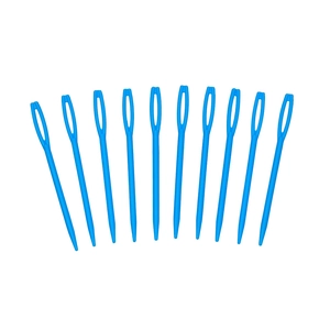 Detailed view of ten blue large-eye plastic sewing needles arranged neatly on white background