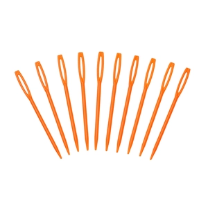 Ten orange plastic large-eye sewing needles for yarn weaving and DIY crafts
