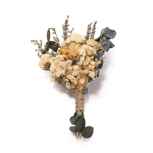 Detailed view of mini dried flower bouquet with lavender and eucalyptus tied with twine