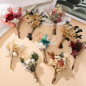 Mini Dried Flower Bouquet Natural Preserved Plant Handmade Rose Gypsophila With Jute Rope For DIY Wedding Home Decoration