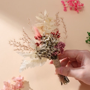 Mini dried flower bouquet with pink and white petals and hemp rope handle decor