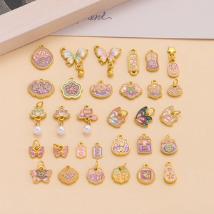 Alloy Enamel Butterfly Lotus Flower Fortune Lock Pendants With Artificial Pearl For DIY Jewelry Making Bracelet Necklace Accessories