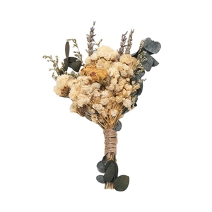Mini dried flower bouquet with roses, lavender, and eucalyptus tied with twine on white