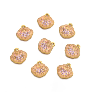 Macro detail of eight pink and purple enamel lotus Ruyi lock pendants for DIY jewelry