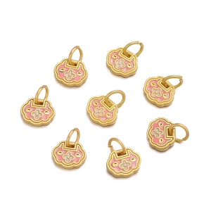 Detailed set of 8 gold finish lock charms with pink enamel and floral patterns for DIY