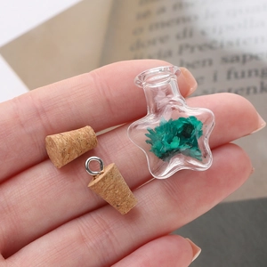Mini star shaped glass wishing bottle with green dried flowers and cork stopper for DIY crafts