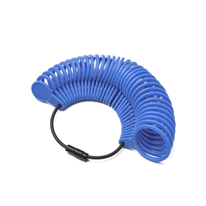 Close-up of blue plastic ring sizer tool set with molded size markings on white background