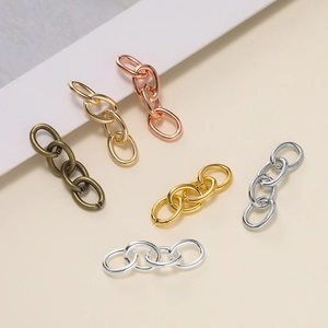 Detail of DIY jewelry chain connectors in multiple plating colors for keychain accessories
