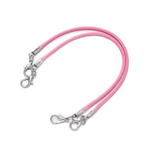 Close-up of pink 2mm braided wax cord with silver metal lobster clasps for DIY jewelry