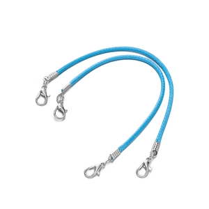 Detail of sky blue 2mm waxed cord lanyards with silver alloy lobster clasps for DIY crafts