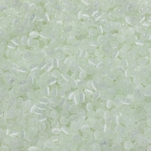 Detailed macro shot of mint green glass cat eye beads with silky luster for DIY jewelry