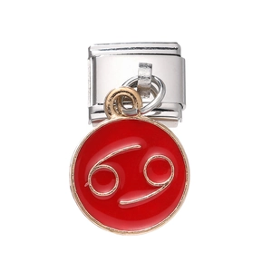Macro detail of stainless steel Cancer zodiac charm with red enamel for modular bracelets