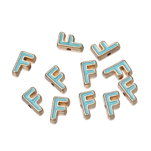 Group of 10mm light gold alloy letter F beads with sky blue enamel for DIY jewelry