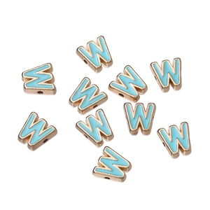 Detailed view of 10mm gold letter W beads with light blue enamel for DIY jewelry crafts