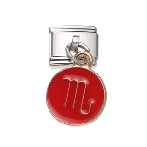 Macro shot of Scorpio zodiac Italian charm with red enamel on stainless steel base