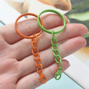 Detail of colorful lacquered metal lobster clasp keychain with ring and link chain