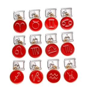 Stainless Steel Red Enamel Zodiac Sign Italian Charm Modular Bracelet Link DIY Jewelry Accessory For Women Men