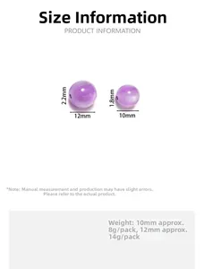 Size chart for purple resin beads showing 10mm and 12mm diameters and hole dimensions