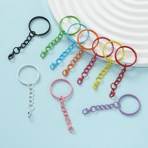 Colorful metal lobster clasp keychains with extension chains on a blue display stand