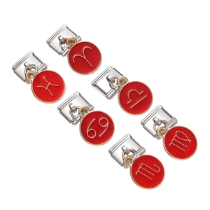 Detailed view of six stainless steel zodiac charms with red enamel for modular bracelets