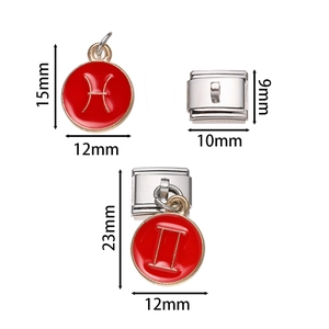 Stainless steel zodiac charms for DIY modular bracelets featuring red enamel pendants