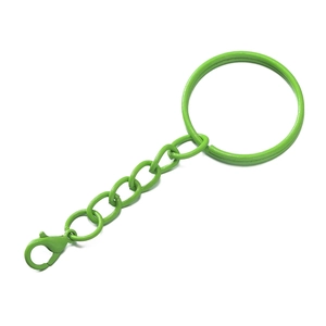 Detail of green painted metal keychain with flat ring, chain links, and lobster clasp