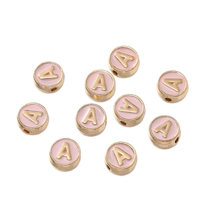 Detalle de 10 cuentas redondas esmaltadas rosa letra A doradas para joyas DIY