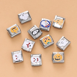 Detailed view of Halloween themed Italian charm modules made of stainless steel and enamel