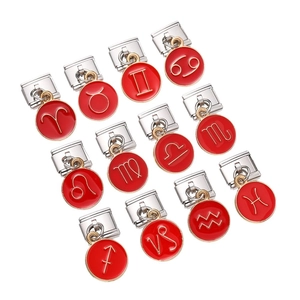 Set of 12 stainless steel zodiac charm modules with red enamel and gold symbols