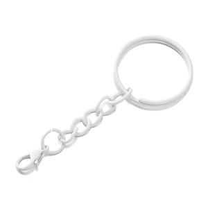 Close-up of white lacquered metal keychain with flat ring, short chain and lobster clasp