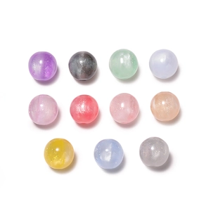Detailed close-up of 8mm and 12mm resin beads with iridescent glitter in various colors