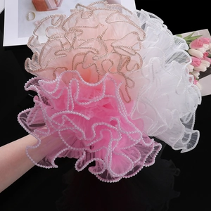 Layered wave mesh flower packaging with pearl edges and gold trim for DIY gift bouquets