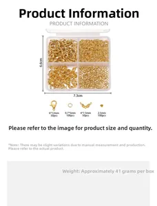 Size chart for golden DIY jewelry set with lobster clasps, jump rings and crimp beads