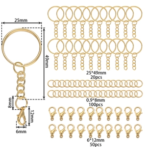 Golden 25mm key ring with chain, lobster clasp, and jump rings set for DIY jewelry